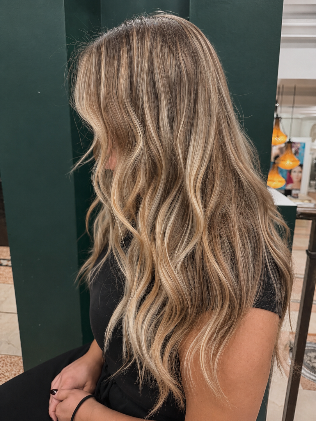 Warm balayage colour, side view