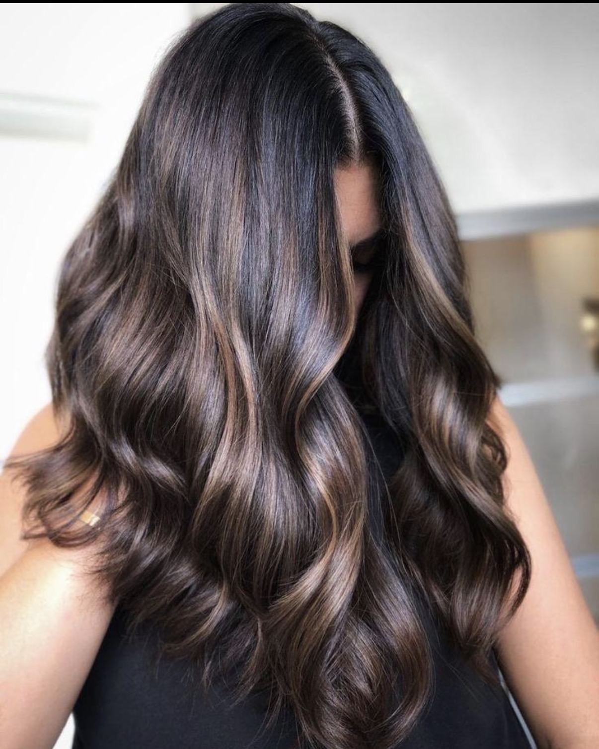 Glossy brunette waves by MM Hair Alchemy