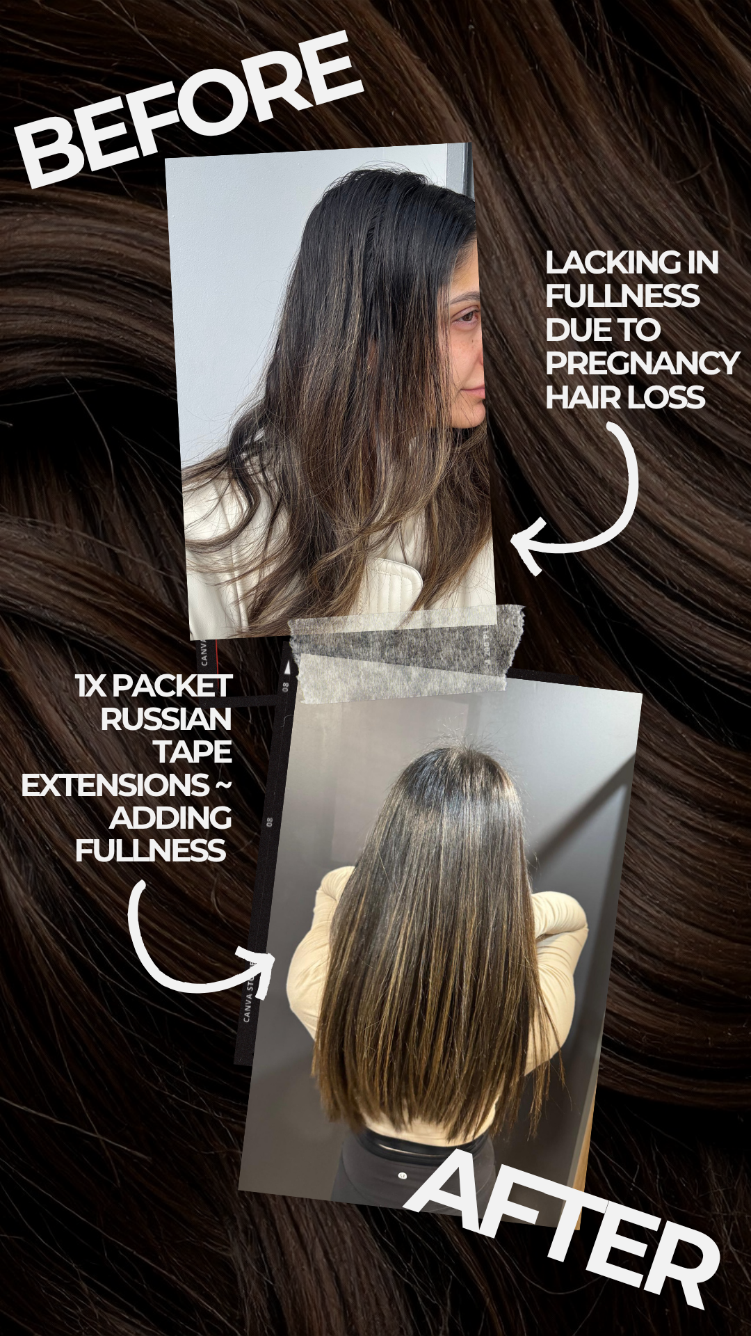 Before and after hair extensions for added fullness