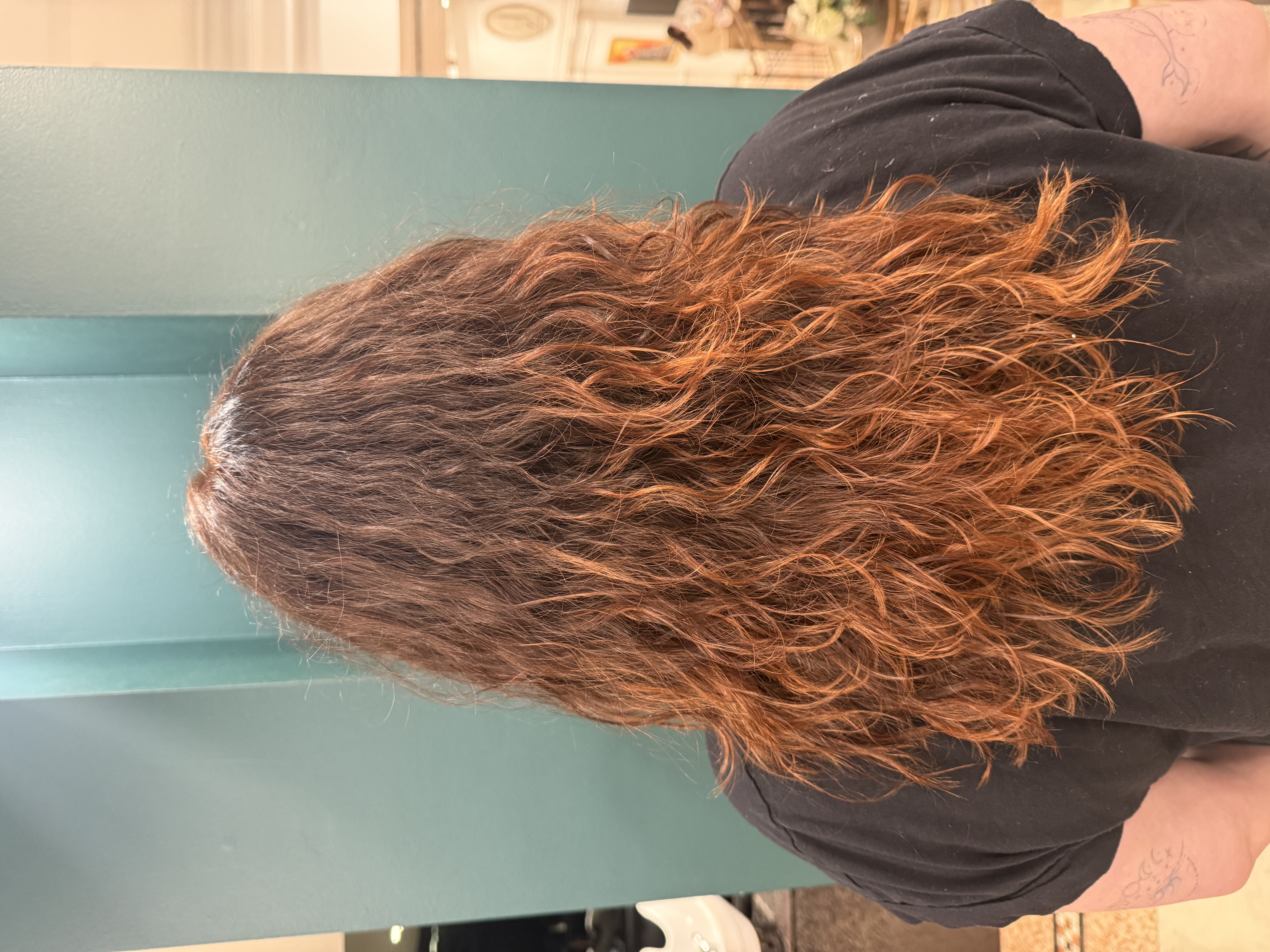 Curly copper hair colour, back view